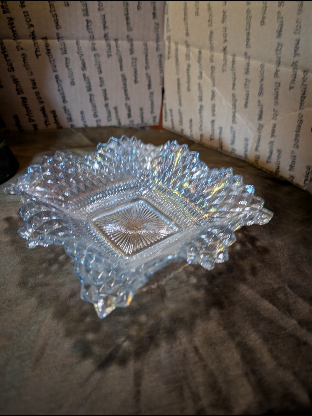 Blue 🔵 Cut Glass Square Dish - Baby Blue